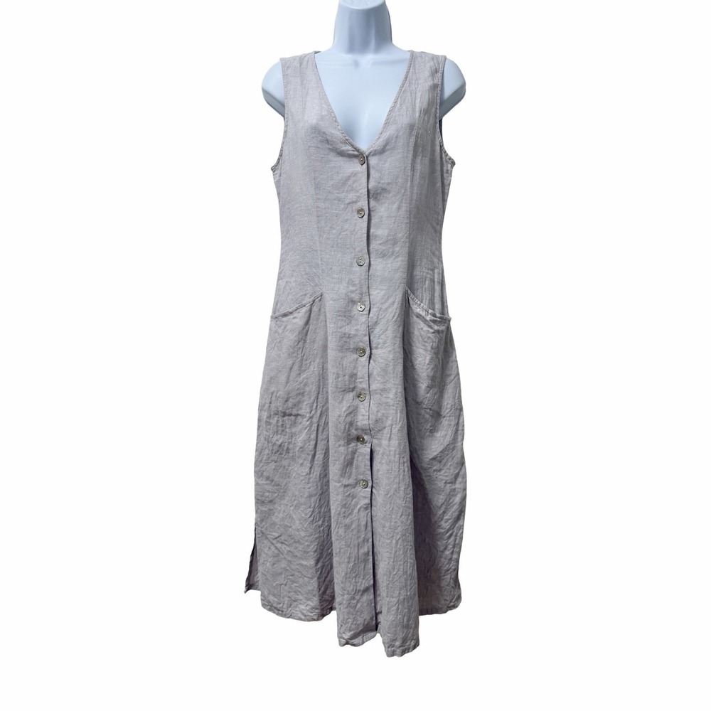 Tahari Linen Sleeveless V Neck Button Front Midi Dress Size 4 Purple Lagenlook